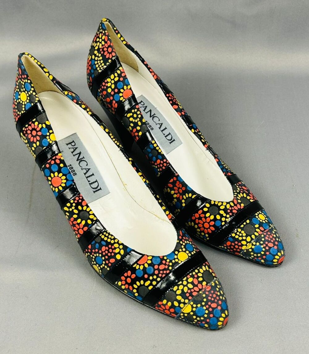 Vintage Pancaldi 1888 Italy Womens Heels Retro Mod Polka Dot Flowers Size 7.5AA
